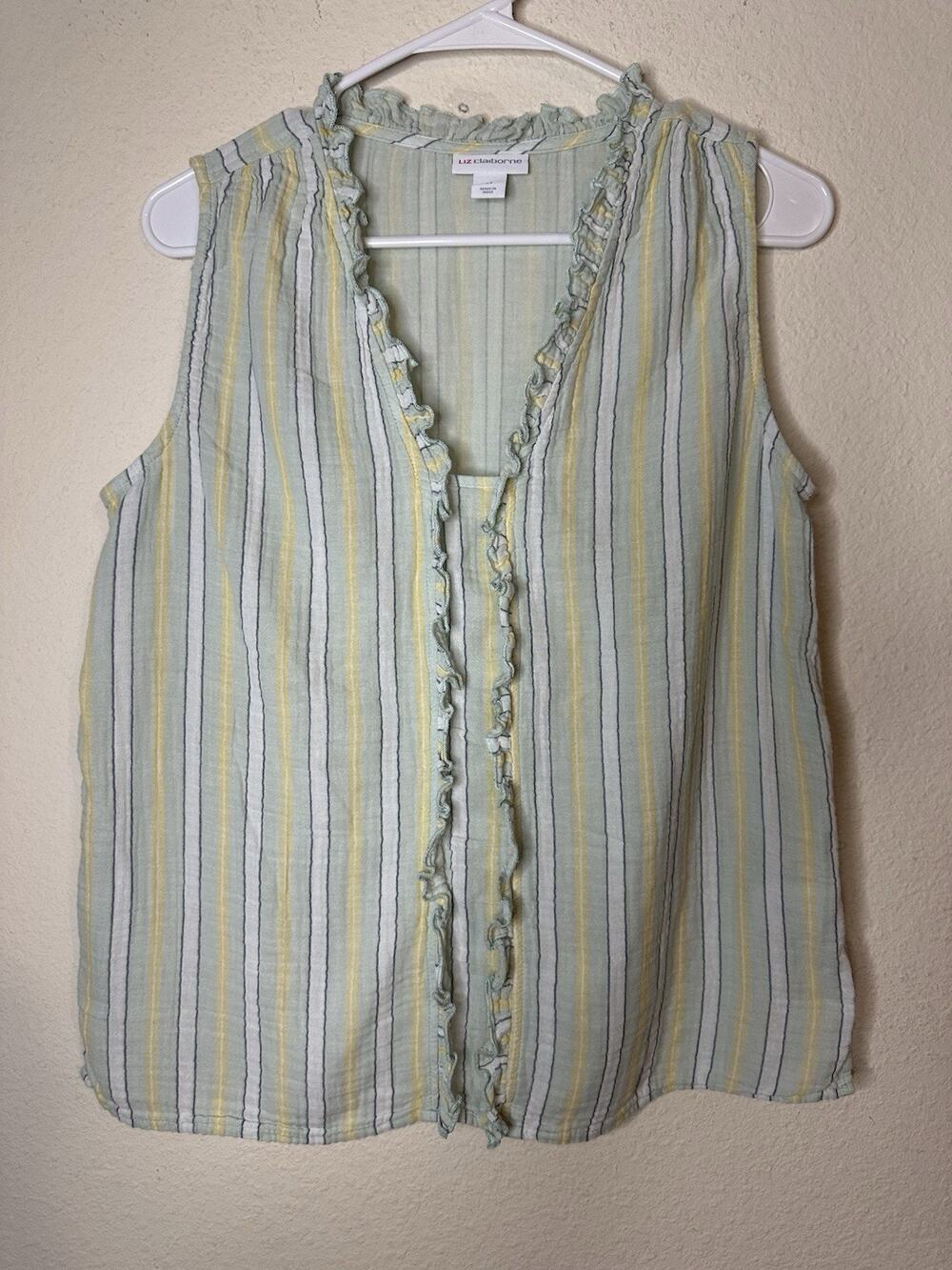 EUC Women’s Liz Claiborne Sleeveless Ruffle Trim Striped Top Yellow/Blue Medium